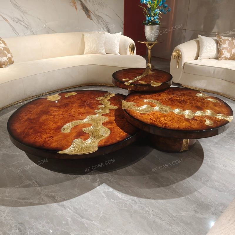 Luxury Nesting Coffee Table Set with Natural Burl Wood Veneer and Hammered Metal Detailing
